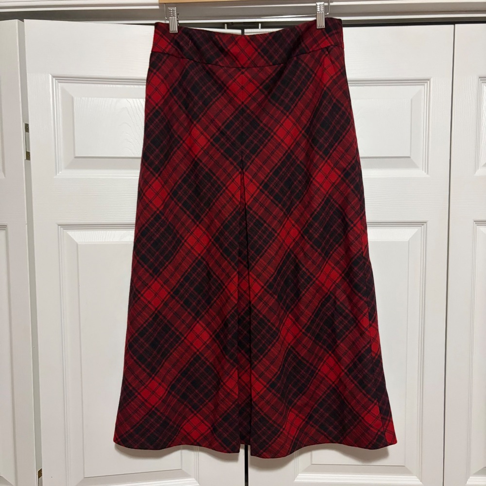 Talbots Plaid Midi Skirt Women 12P Red Black Wool Blend A-Line Fall Preppy Core